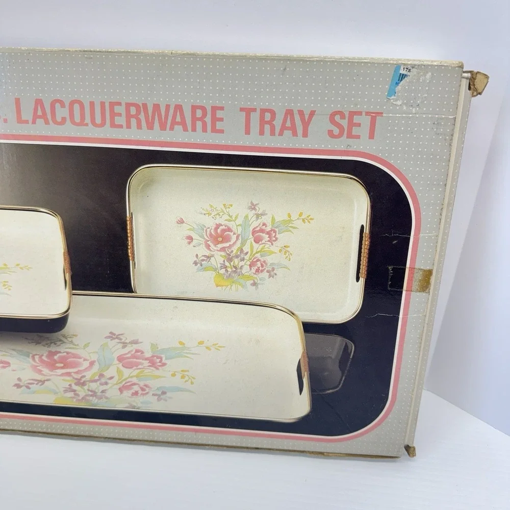 Vintage Lacquerware 3 Piece Tray Set Rose NOS Sealed In Box Jay Imports Japan